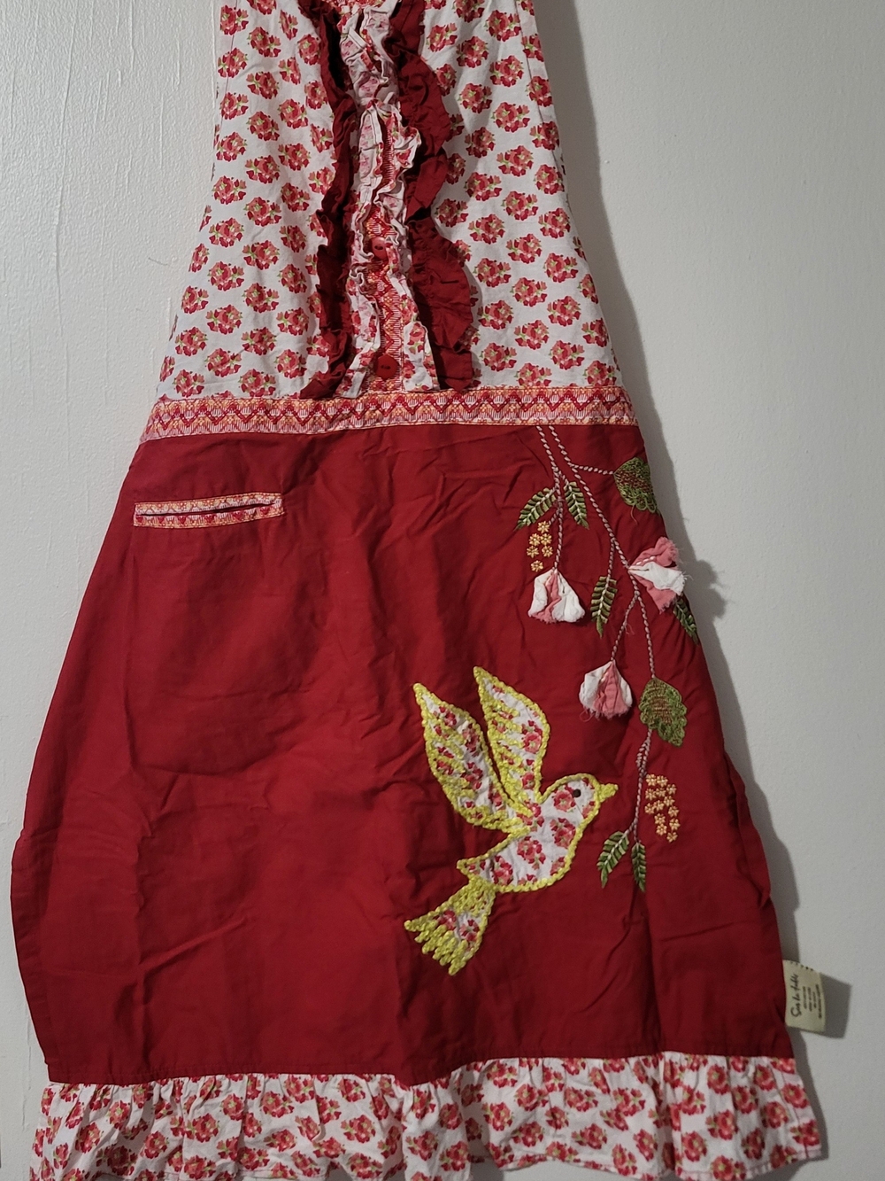 Sur La Table Vintage Red Floral Boho Apron with Embroidered Bird
